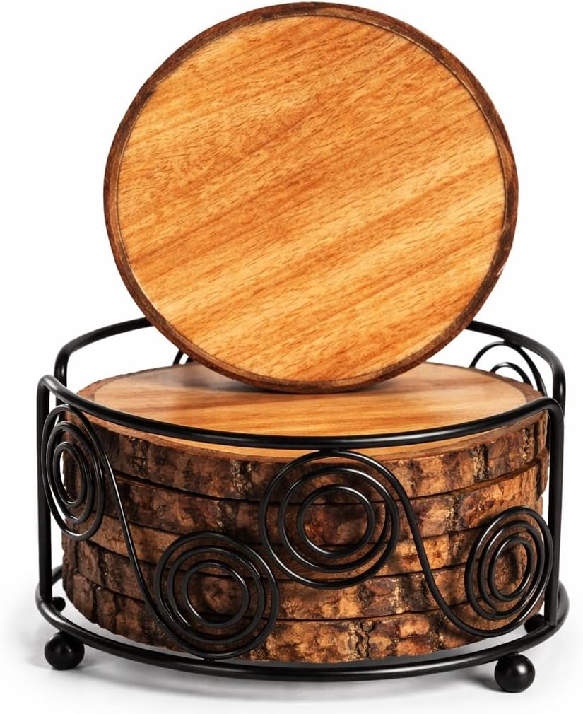 Luxurious Wood Coasters (Set of 4) with Metal Holder, Light Weight and Fitted in Natural Bark Tree, Coaster for Tea, Drinks, Mugs, Cans, Glasses 4 x 4 inch (Coasters with Stand)