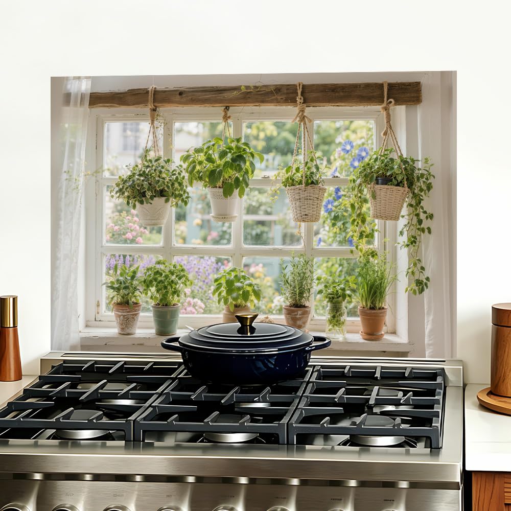 Herb Garden Window Backsplash Peel and Stick, 35.4x23.6 in