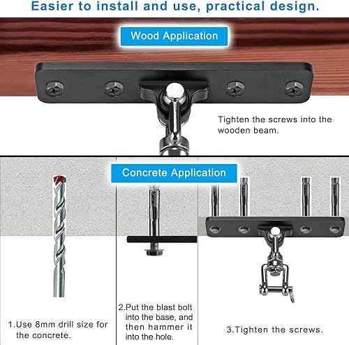 Miniatura 5 de Dolibest Percha para bolsas pesadas, gancho de montaje en techo de pared, rotación de 360, soporte de vigas de madera, sistemas de entrenamiento de