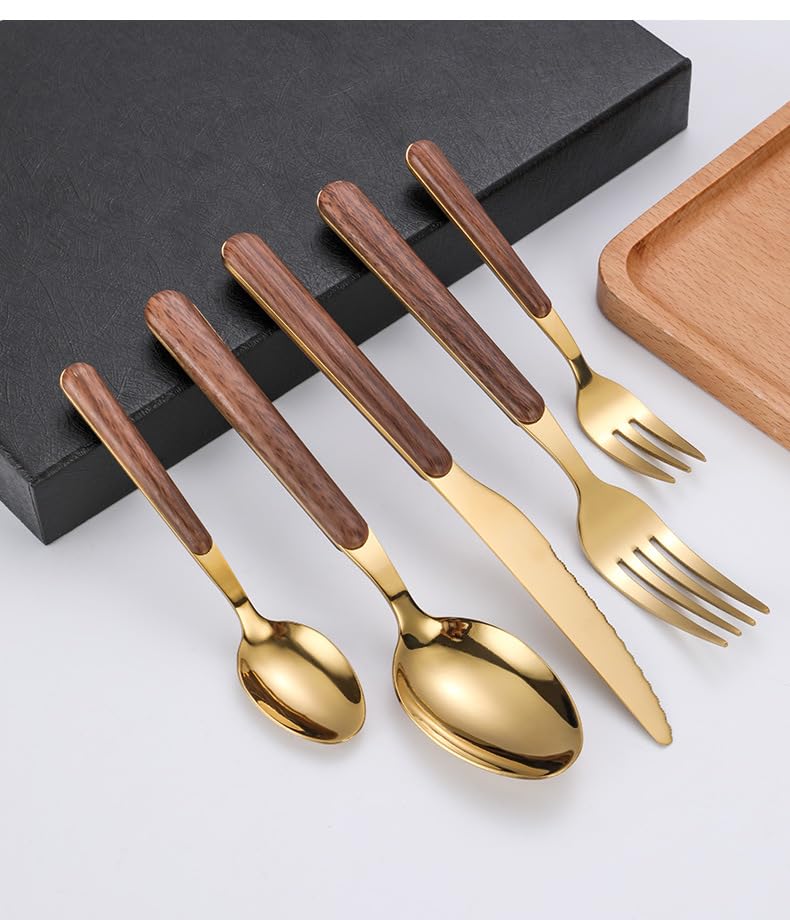 Este Juego de Cubiertos, 5/20/30/40 Piezas, Cuchillo, Tenedor y Cuchara de Acero Inoxidable con Mango de Madera, Estilo Retro, Incluye Cuchara para café, Postre y Tenedor para Fruta, Color p