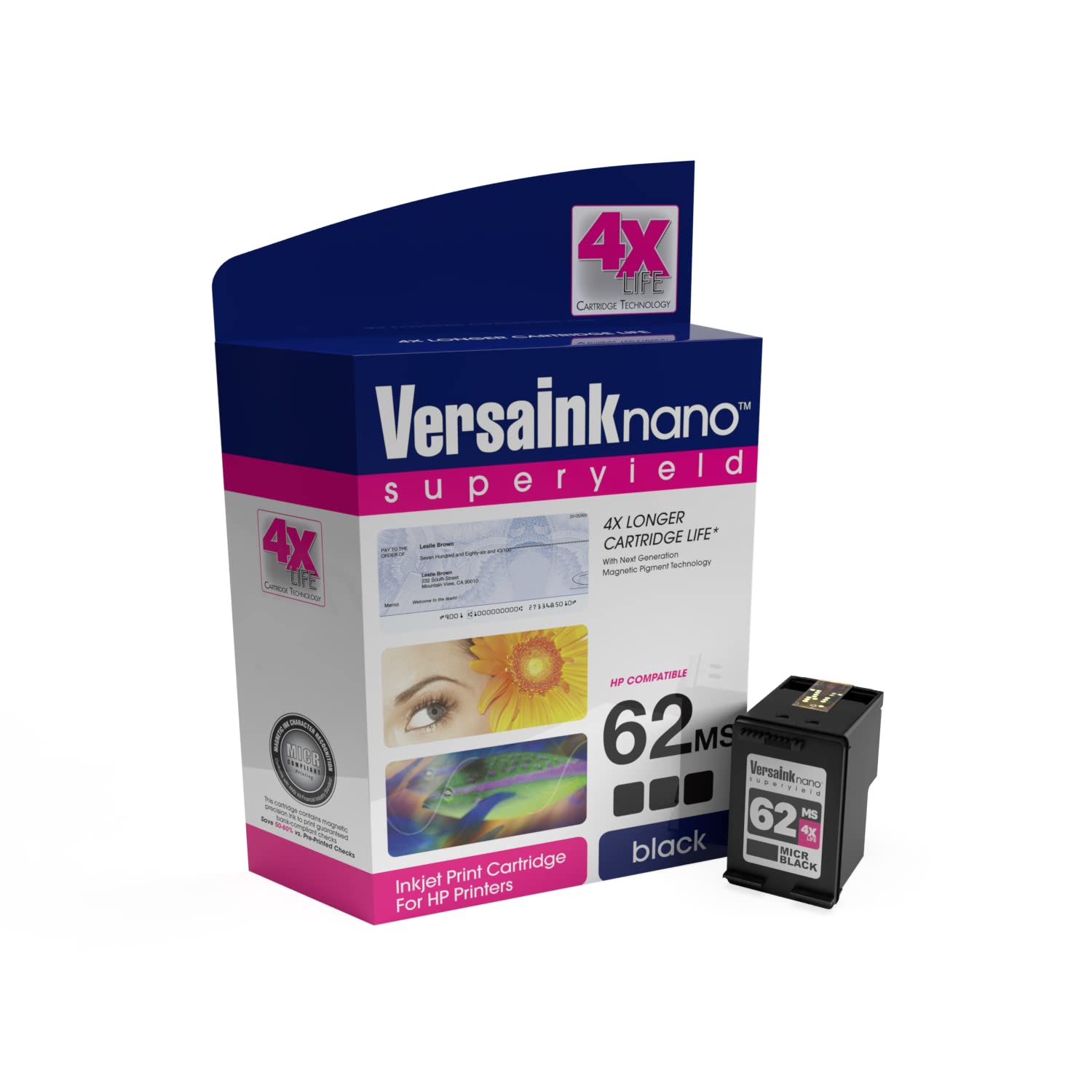 VersaInk-Nano HP 62 MS Black MICR Ink Cartridge for Check Printing, Black