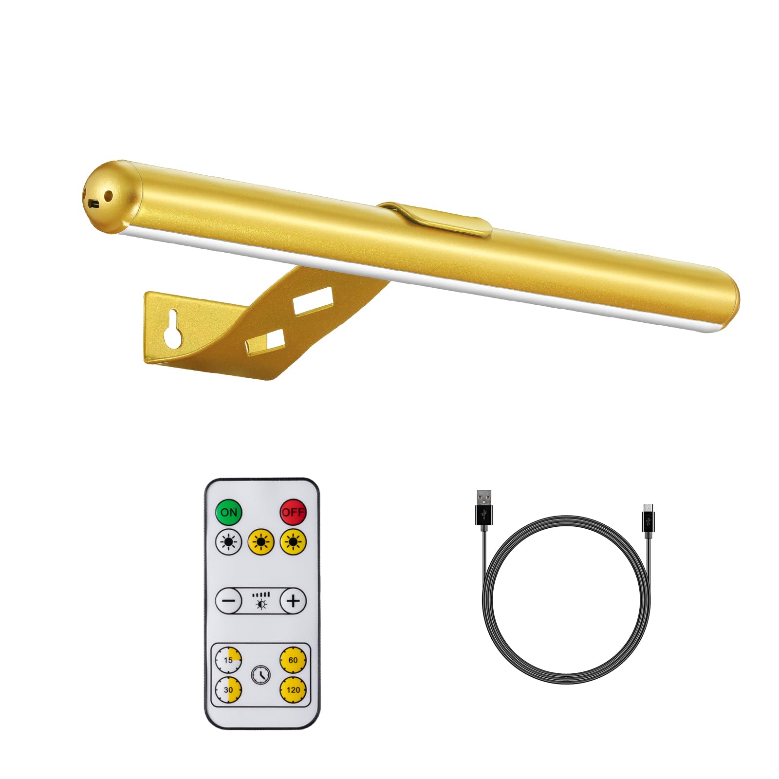 Wireless Picture Light Battery Operated,Rechargeable Painting Light with Remote Control, Metal Art Light Dimmable Display Lamp,3 Modes with Timer for Frame Dartboard Gallery,300LM, Gold