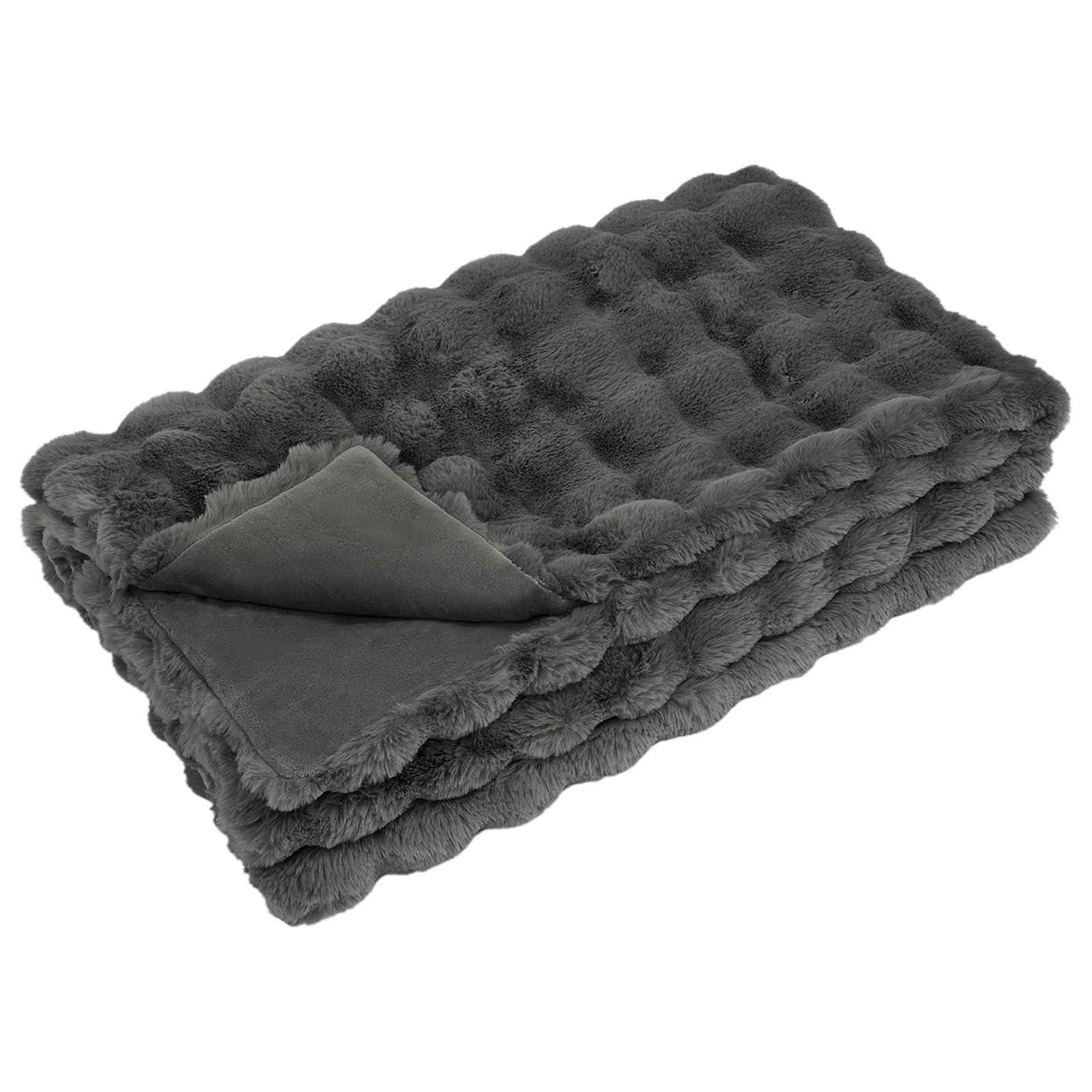 QZZCED Anti-Slip Faux Rabbit Fur Blanket Olite Dark Grey 130 x 150 cm Plush Bubble Texture Throw for Couch Bed