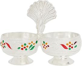 HOPE KART German Silver Kumkum Haldi Holder Kankavati Set with Meenakari Work Twin Kanku Kunku Karanda Bowl Design with Peacock Handle for Pooja Festive Gift Purpose Traditional Stand Pack of 1