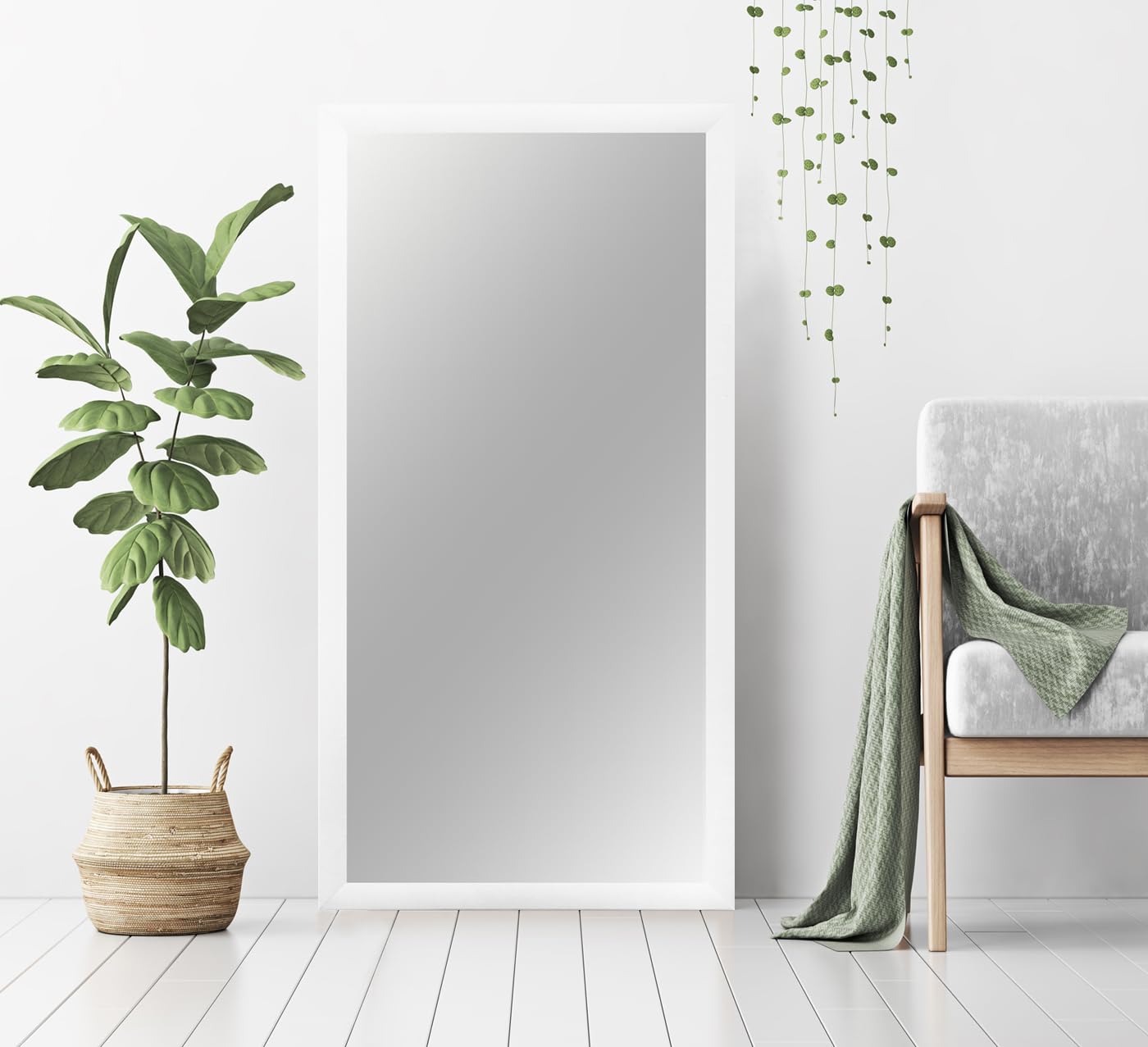 PrimeLuxe Espejo de pared de 80 x 100 cm (dimensiones exteriores) en color blanco mate, color y tamaño a elegir, espejo de cuerpo completo, espejo de baño y pasillo, con marco de madera, fabricado en