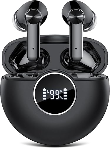 Auriculares inalámbricos, auriculares estéreo Bluetooth 5.2, tiempo de reproducción de 48 horas con pantalla LED de alimentación, auriculares