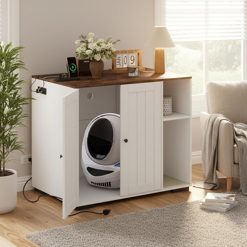 Garvee Large Cat Box Enclosure Furniture, Cat Litterbox Cabinet with Power Outlet 5 ft Power Cord, Dog Proof Shelf, for Most Self-Cleaning Litter Boxes White