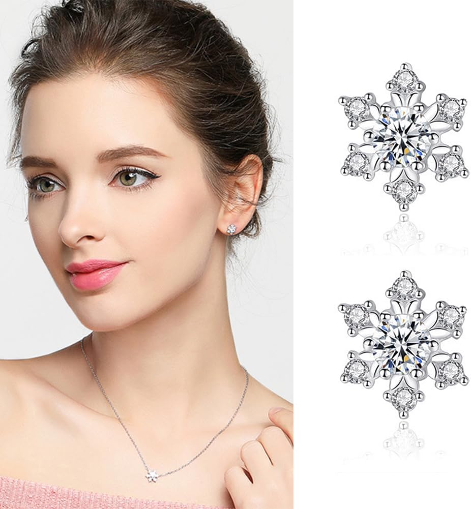 BG&WLing Snowflake Earrings for Women 925 Sterling Silver Earrings Stud with Cubic Zirconia Hypoallergenic Christmas Jewelry - Image 3