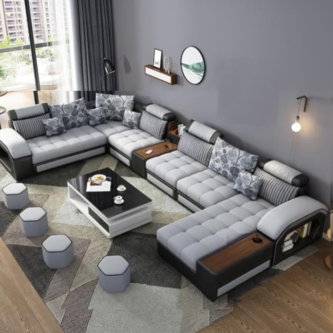 Homax. Dapper2, 11-Piece U-Shaped Sectional Sofa | 12-Seater with Adjustable Headrests, Charging Console, Ottoman with Tray, Pouffes | Dual-Tone Fabric, Solid Wood Frame, High-Resilience Foam-image-1
