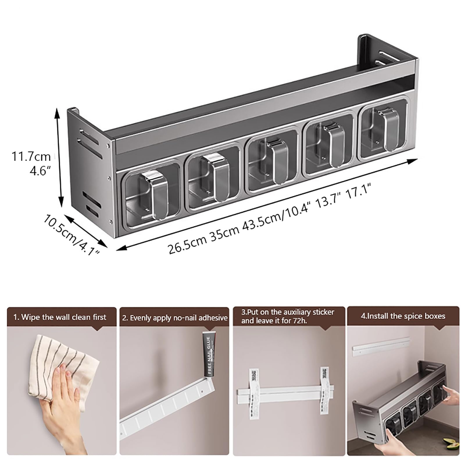 Estante de especias montado en la pared para cocina, 5 recipientes para hierbas y especias con asas, ideal para sal azúcar y condimentos, especias blancas para almacenamiento en encimera