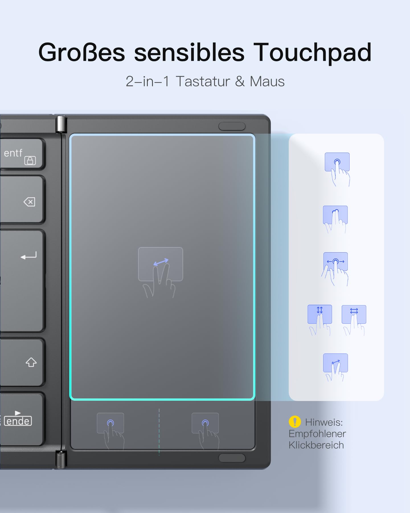 Inateck Faltbare Mini Tastatur, KI-Funktion mit Touchpad,3 Bluetooth-Kanälen, kompatibel mit iPadOS Android, Windows, QWERTZ, KB604