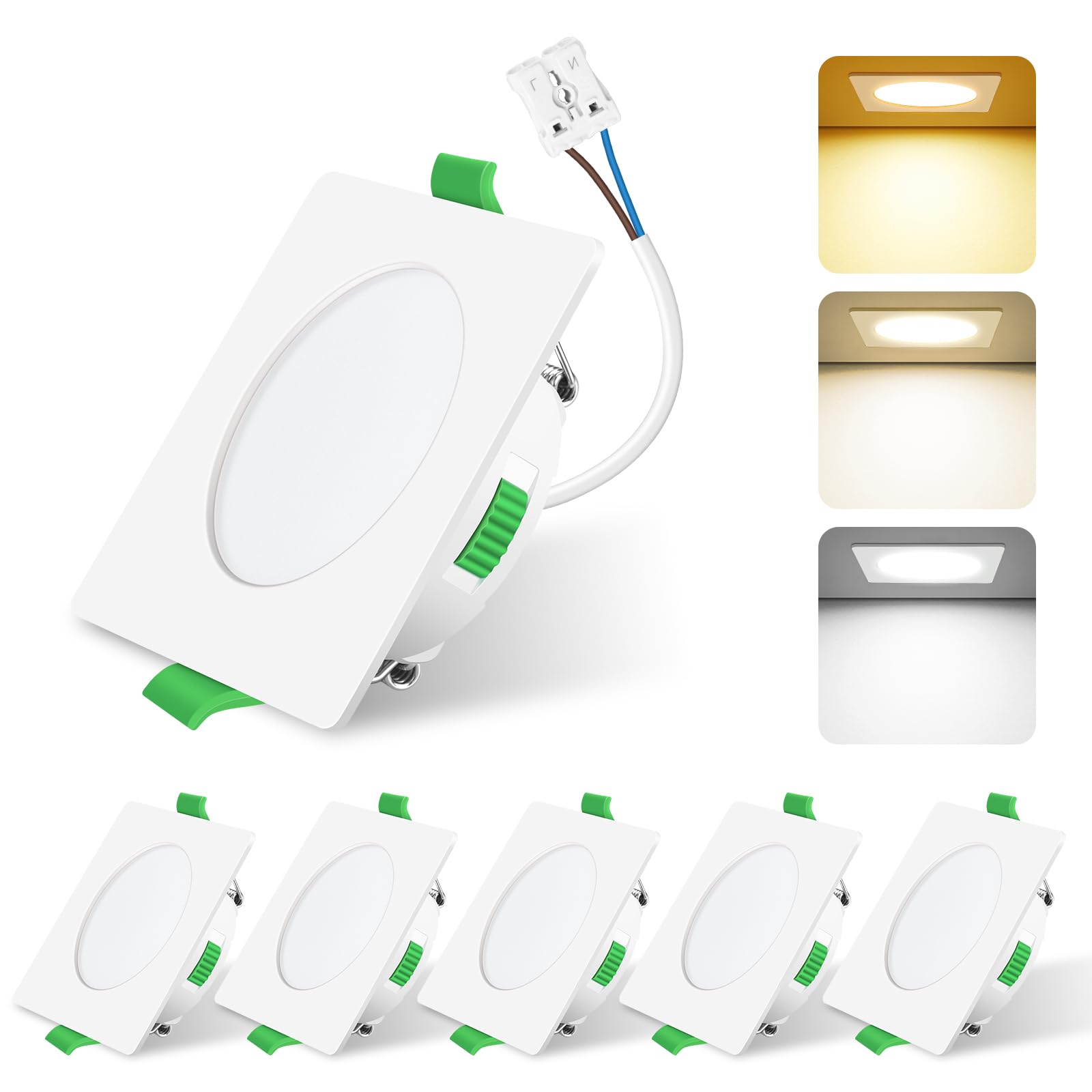 ALUSSO 6 Stück LED Einbaustrahler dimmbar,Ø55-68mm 3CCT IP44 Deckenspots | AC 220-240V,Dimmbar 10-100%,3000K/4000K/6500K Led Spots für Badezimmer Küche,Quadrat,Weiß