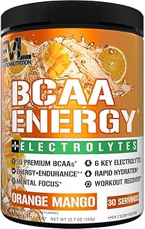 EVL BCAAs Amino Acids Powder - BCAA Energy Pre Workout Powder for Muscle Recovery Lean Growth and Endurance - Rehydrating Post Workout Recovery Drink with 6 Key Electrolytes - Orange Mango
