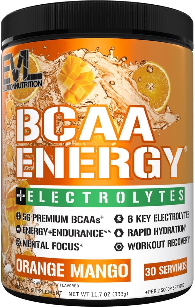 Evlution EVL BCAAs Amino Acids Powder - BCAA Energy Pre Workout Powder for Muscle Recovery Lean Growth and Endurance - Rehydrating Post Workout Recovery Drink with 6 Key Electrolytes - Orange Mango