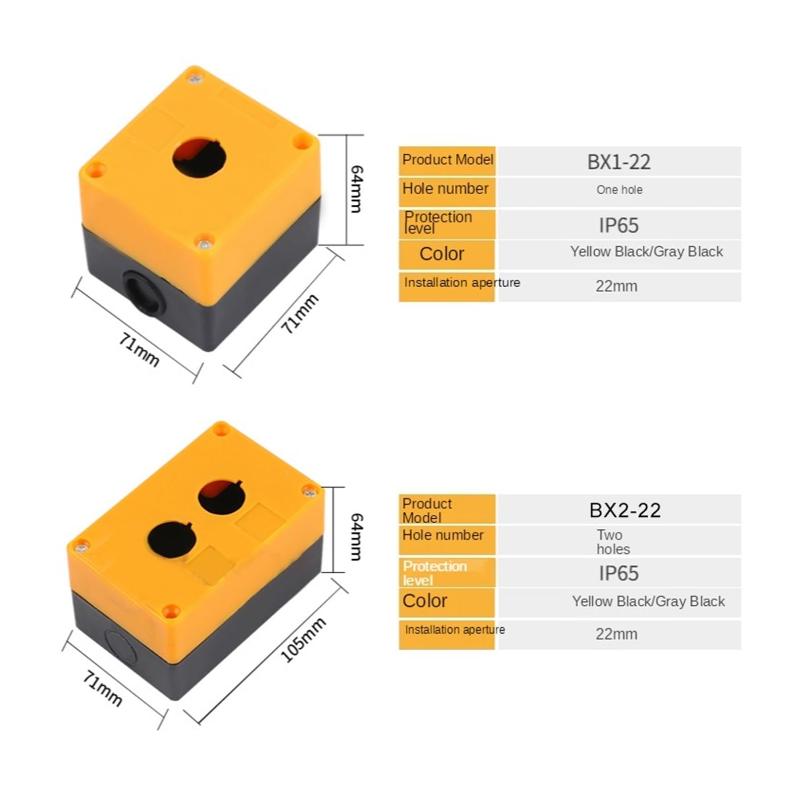 Boîtier de commande à boutons-poussoirs Boîtier de commande étanche à bouton-poussoir de 22 mm, jaune/gris, 1/2/3/4/5/6 trous, indicateur industriel(Yellow,5 Hole)