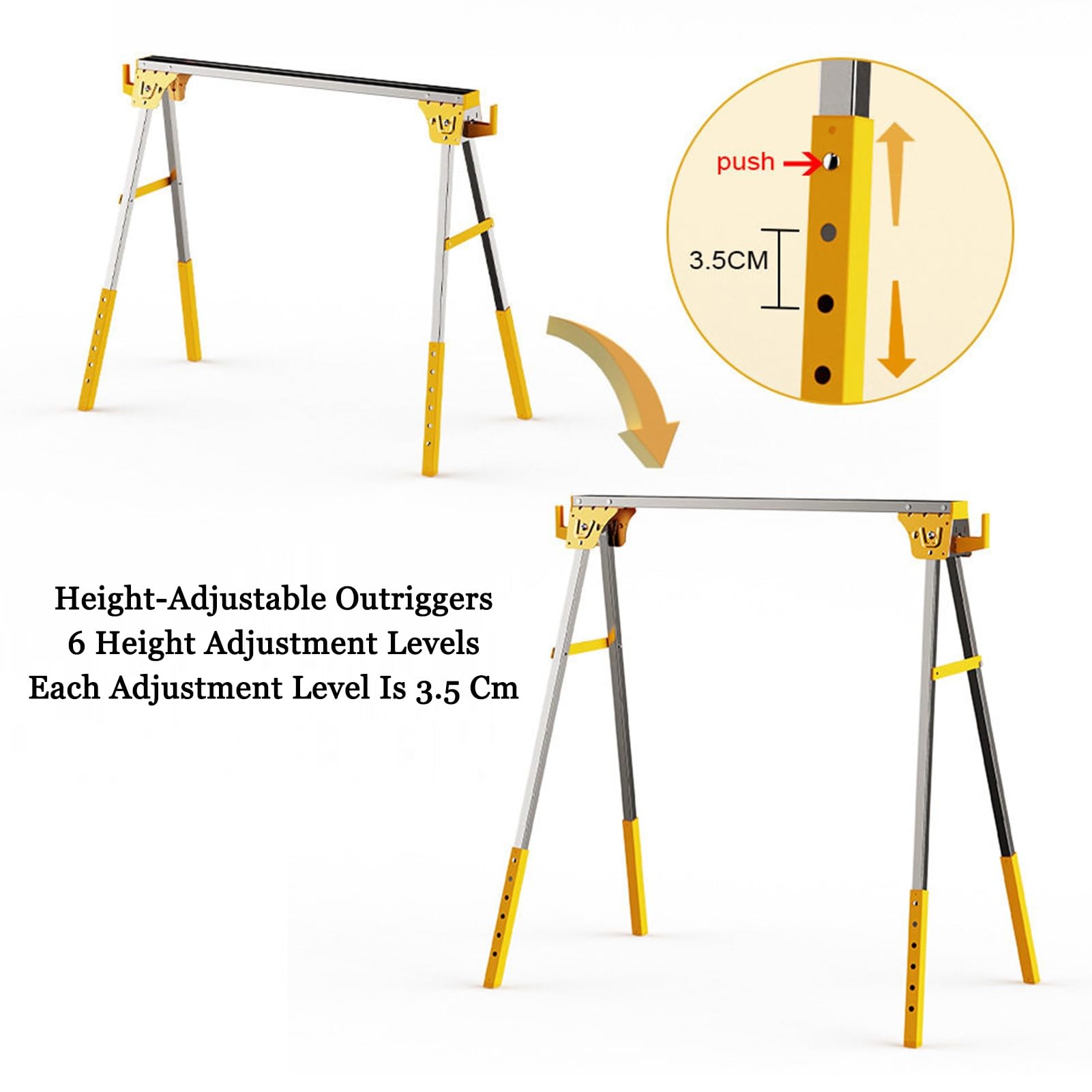 Chevalet de sciage pliable avec pieds réglables et crochets latéraux, construction en acier robuste pour soutien sur chantier et couper du bois de chauffage, capacité de 300 kg