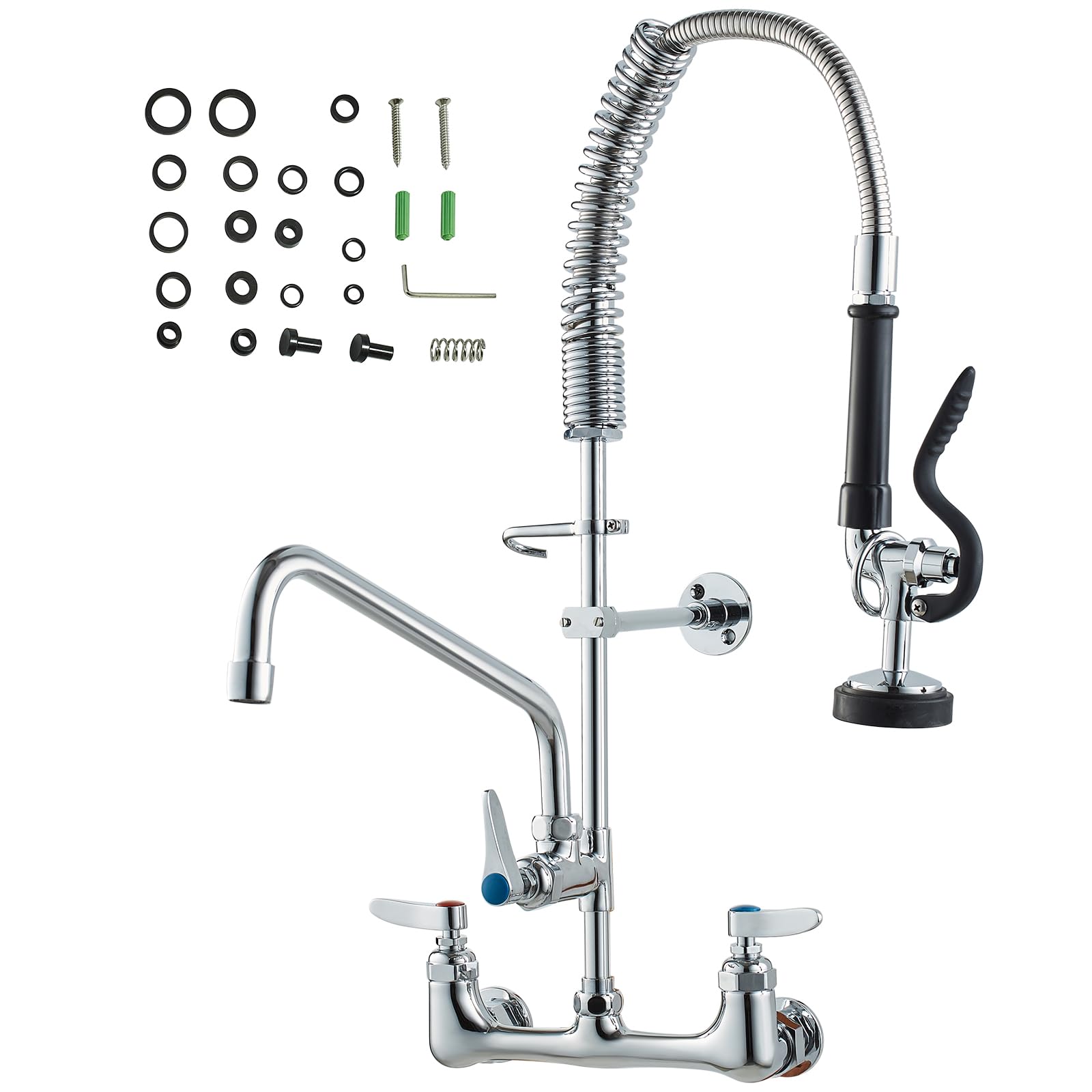 VEVOR Robinet de Cuisine Commercial avec Pulvérisateur de Pré-rinçage, Mitigeur avec Douchette Extractible, 630 mm de Haut, Entraxe 203 mm, Bec Pivotant 305 mm, Mural pour Évier 1/2/3 Compartiments