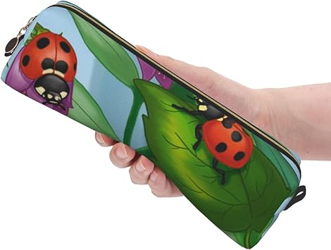Ladybug on Printed Leather Pencil Case with Gold Zipper - Simple and Lightweight Organizer for School, Office, Travel, Makeup