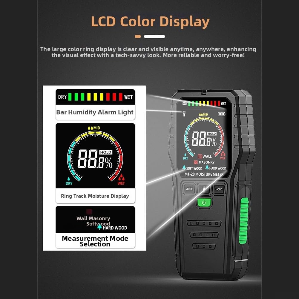 Medidor de humedad sin pines para madera y materiales de construcción, detector de humedad no invasivo con pantalla LCD retroiluminada, rango del 5-75% para paredes, pisos, paneles de yeso, leña