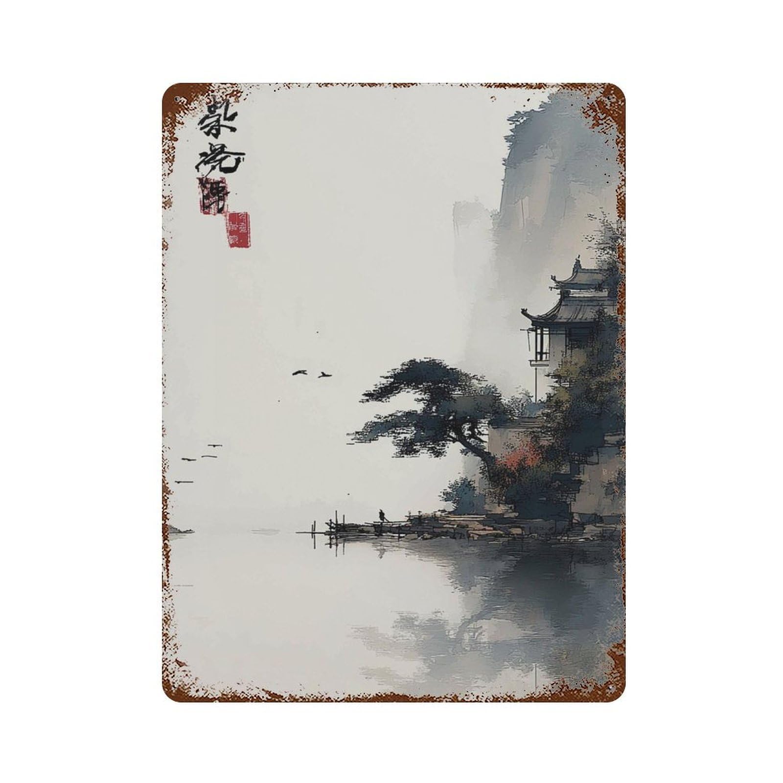 xiaoxiaoshen Japanese Ink Landscape Minimalist Asian House Zen Temple by Water Misty Nature S Wall Decor Art Metal Tin Poster Modern Home Decor Art Home Bar Shop Decorations Vintage Sign 40x30cm