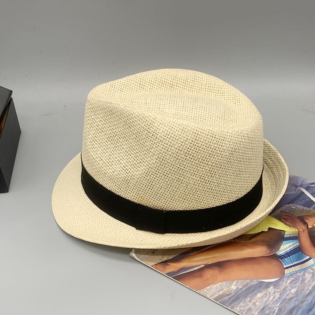 Classic Straw Fedora Hat with Black Band, Beige, Lightweight Summer Hat