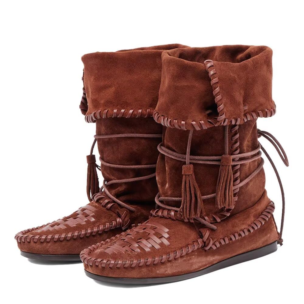 Agodor Brown Suede Fold Over Boots for Women - Slouchy Boho Mid Calf Boots with Woven Fringe Western