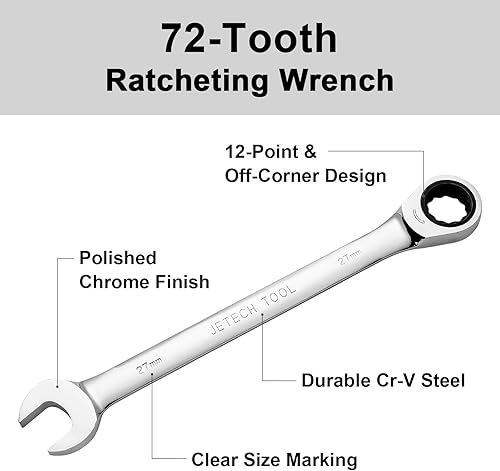Miniatura 3 de Jetech Llave combinada de trinquete de 1.063 in, llave de engranajes de grado industrial con trinquete de 12 puntos y 72 dientes, acero Cr-V forjado