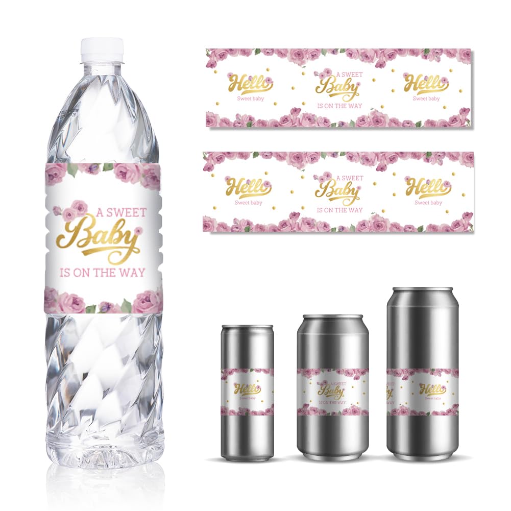 GOMAKERER 30 Sheets Baby Shower Water Bottle Labels, Pink Gold Flower Drinking Water Container Labels Self-Adhesive Wraps Sticker for Birthday Party Favor, 21.6x6.4 CM