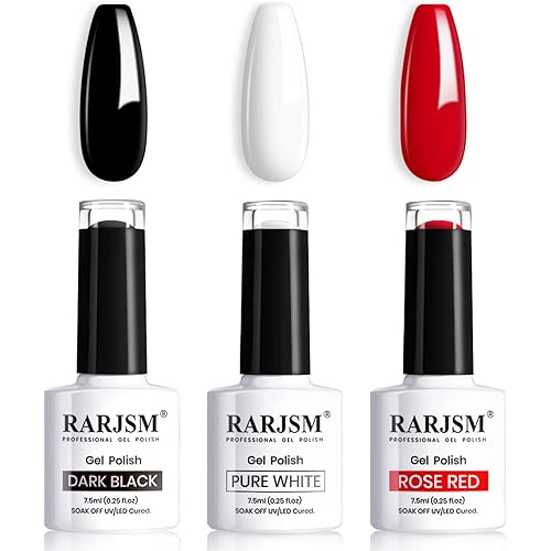 RARJSM Esmalte de uñas de gel blanco y negro, juego de esmalte de uñas rojo, 3 unidades de 0.3 fl oz, secado por LED UV, requiere secado de uñas,