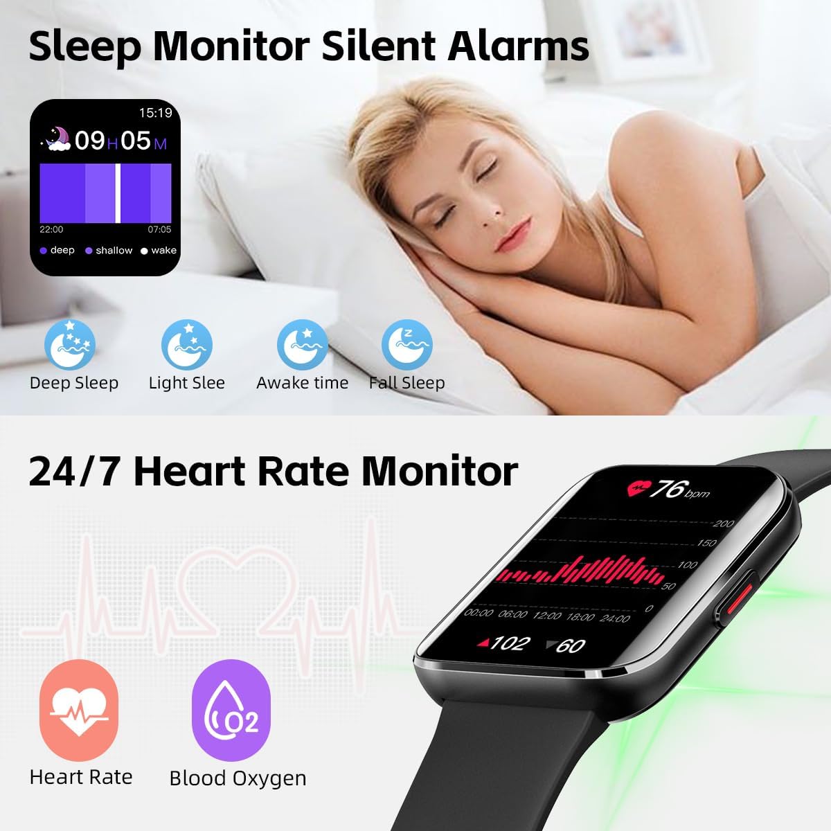 Rogbid K21 Smart Watch showing sleep monitoring data and heart rate monitoring with blood oxygen levels.