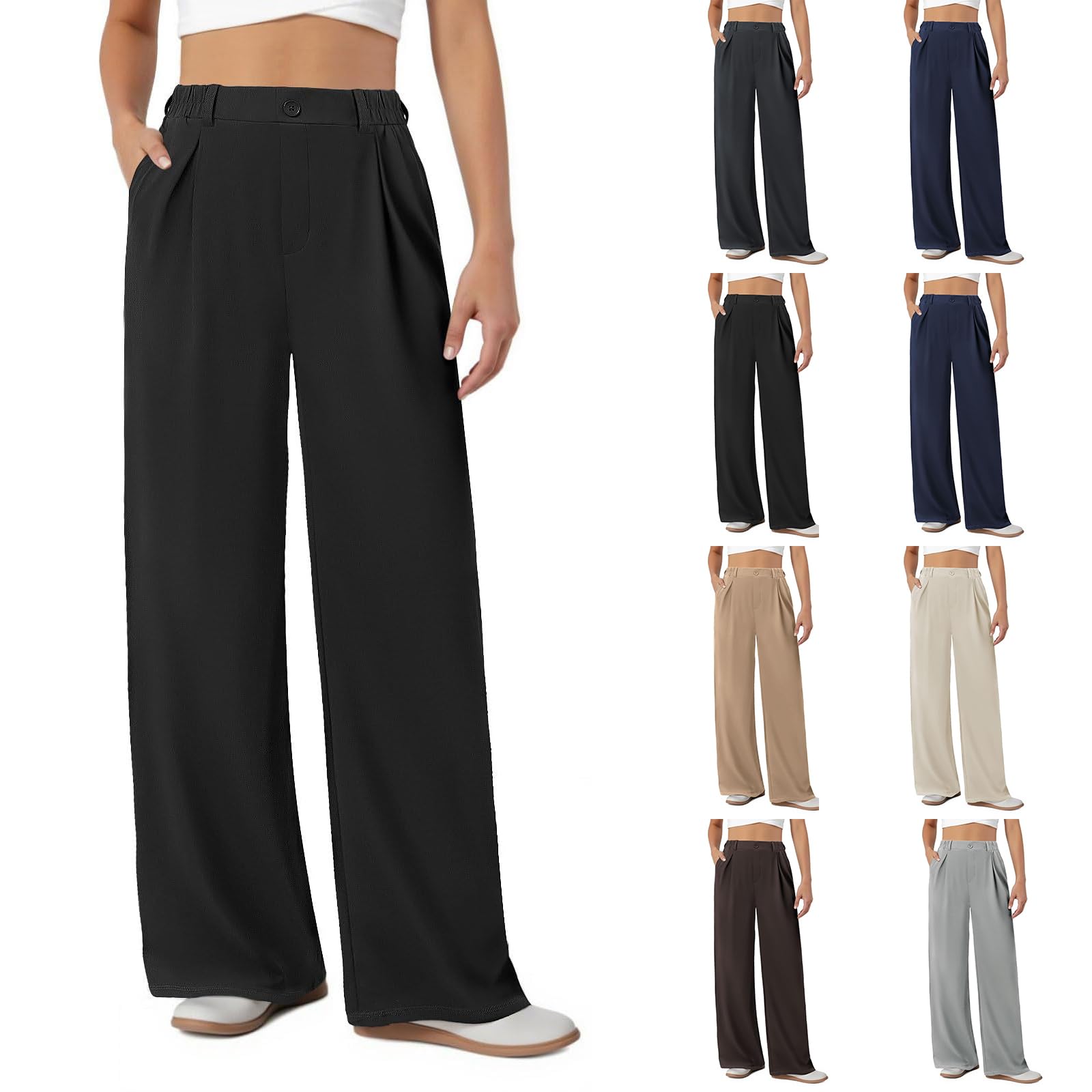 Wide Leg Pants Woman Pleated Elastic High Waisted Dress Pants Business Casual Straight Leg Trousers with Pockets