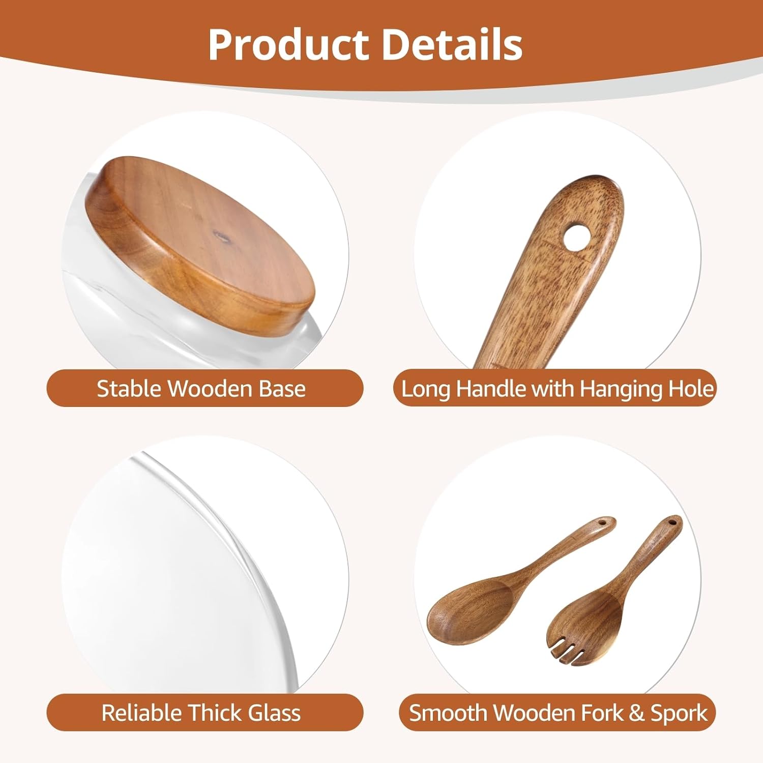 OMISTAR Extra-Large 3.8 Qt Glass Salad Bowl Set, Crystal-Clear Serving Bowl with Acacia Wood Base, Wooden Salad Servers, Dishwasher-Safe Glass Bowl for Salad, Pasta, Fruit, Trifle, Parties