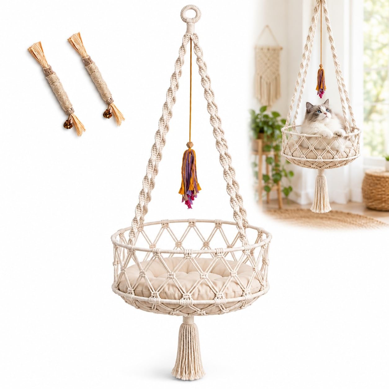 Hamaca para gatos Boho con cojín extraíble, beige-B-L: 50 cm