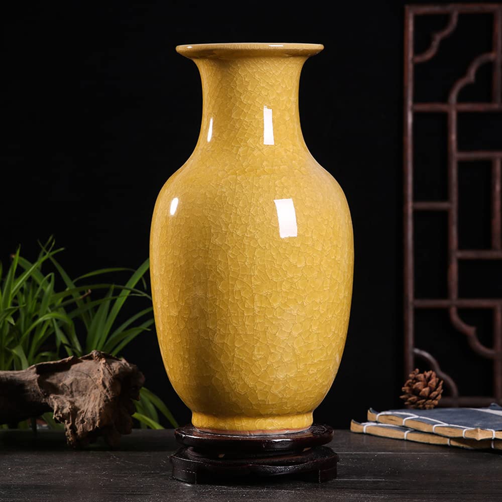 asdchZen Chinese Yellow Cracked Glazed Jade Piece Color Glazed Vase Jingdezhen Ice Cracked Glaze Handmade Simple Chinese Ceramic Decorative Vase Gift,C