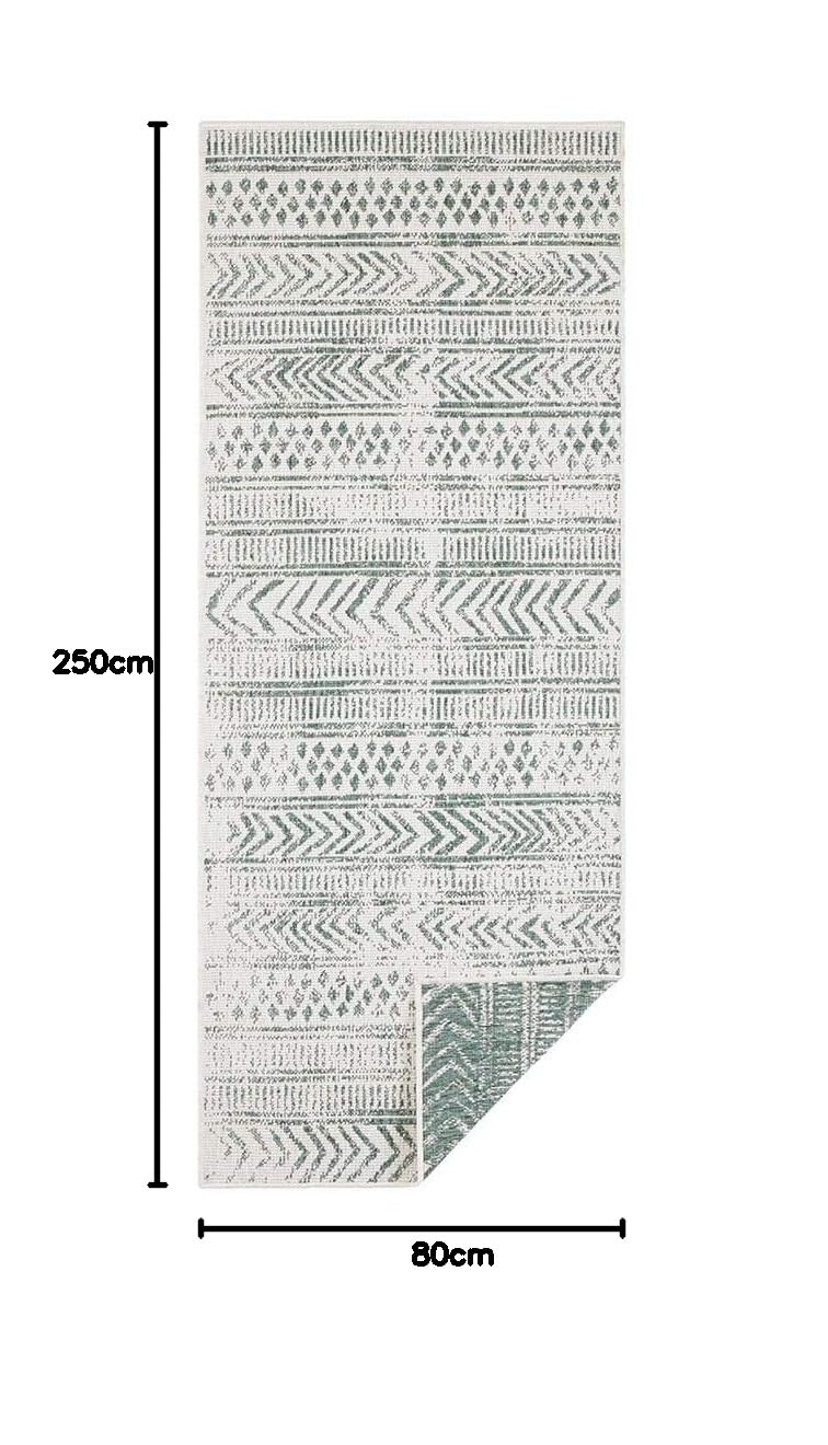 NORTHRUGS In- und Outdoor Teppich Biri 80x250cm - Wendeteppich Wetterfest Boho Style Vintage Design Läufer für Balkon Terrasse Garten Wintergarten Wohnzimmerteppich Wasserfest in Grün Creme