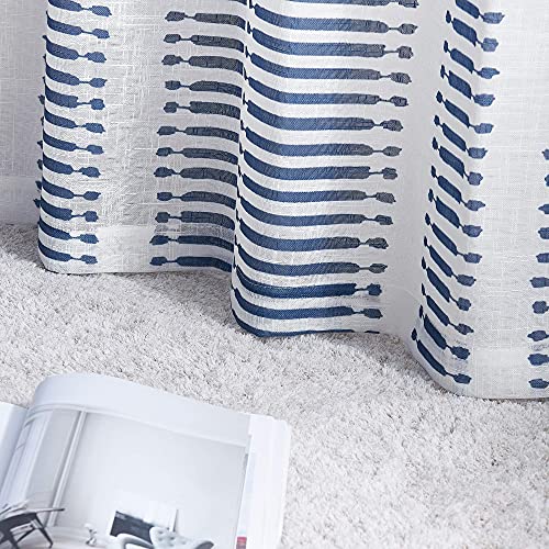 Pony Dance Curtains 95 Inch Long - Window Semi Sheers Faux Linen Textured Curtains Voile Light Filter With Slub Pattern Croix Striped Decor Match With Drapes, 50''W X 95''L In, Navy Blue, Set Of 2 #TOP6