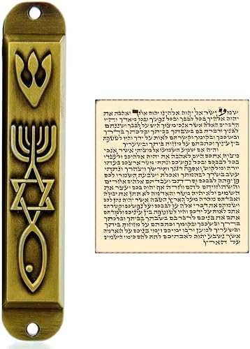 Funda Mesiánica Mezuzah de latón con pergamino para puerta 3D Menorah Mesianic Seal 3.9 in / 4 pulgadas