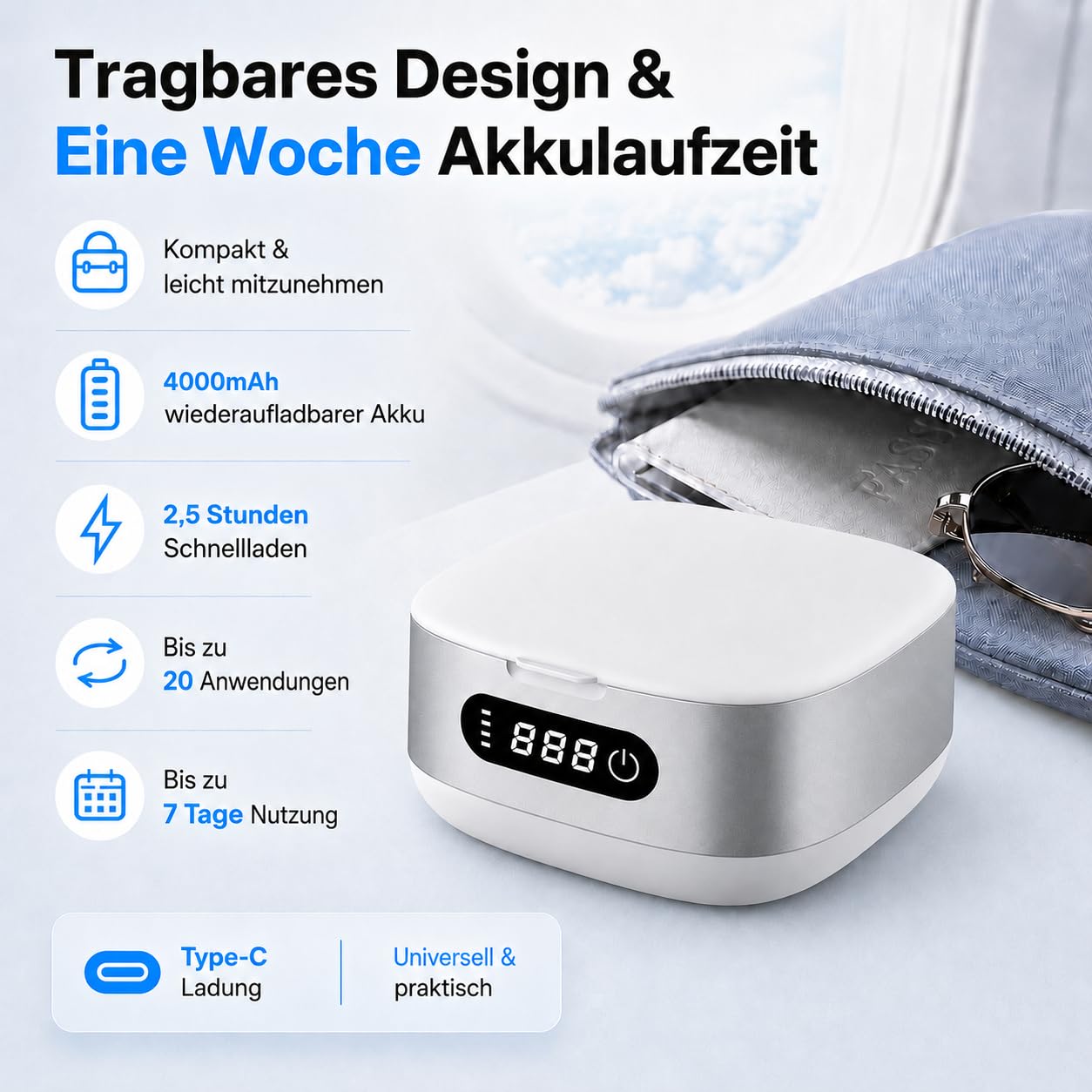 Voraiya Ultraschallreiniger für Zahnschienen Ultrasonic Cleaner mit 4000mAh Akku IPX6 Wasserdichtes Ultraschallreinigungsgerät 166ml Ultraschallbad für Aligner, Zahnspangen, Zahnersatz & Reisen