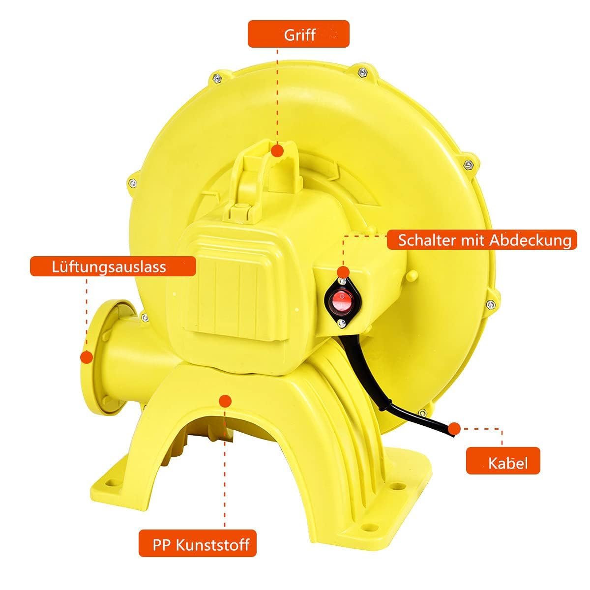 RELAX4LIFE Soplador de Aire 350/450/680 W, 220-240 V, Soplador Eléctrico con Gran Base, Ventilador Eléctrico con Cable de Alimentación 380cm para Castillo Hinchable (580 m³/h, 1500 Pa 350 W)