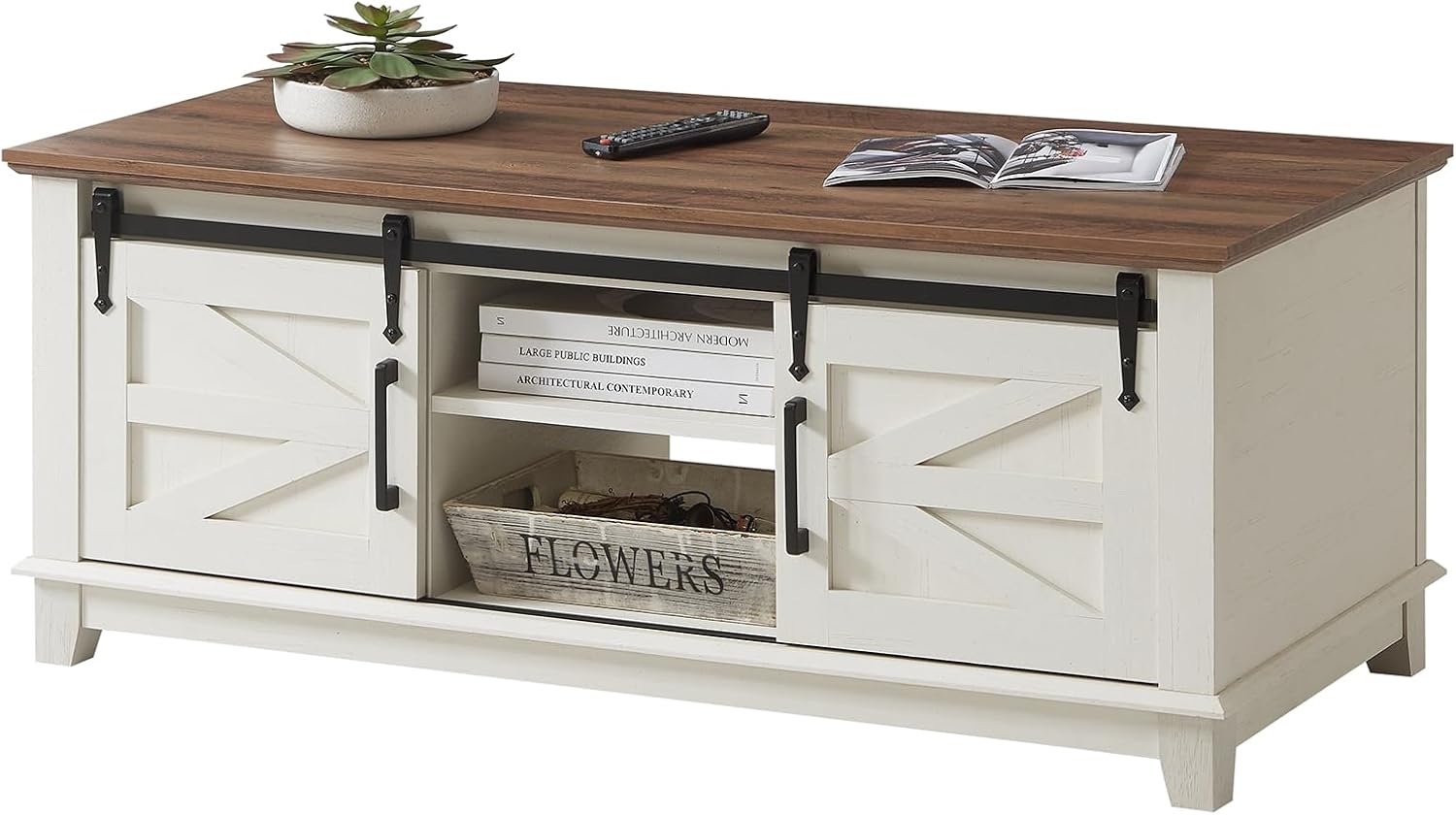 AMERLIFE farmhouse coffee table with sliding barn doors in rustic white - sliding door detail