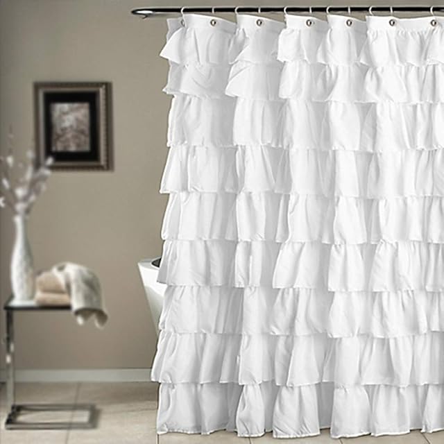MOOUK Chic Ruffled Shower Curtain Waterproof White Shower Curtains Tiered Design Polyester Shower Curtain Liner for Home Bathroom(180x180cm)
