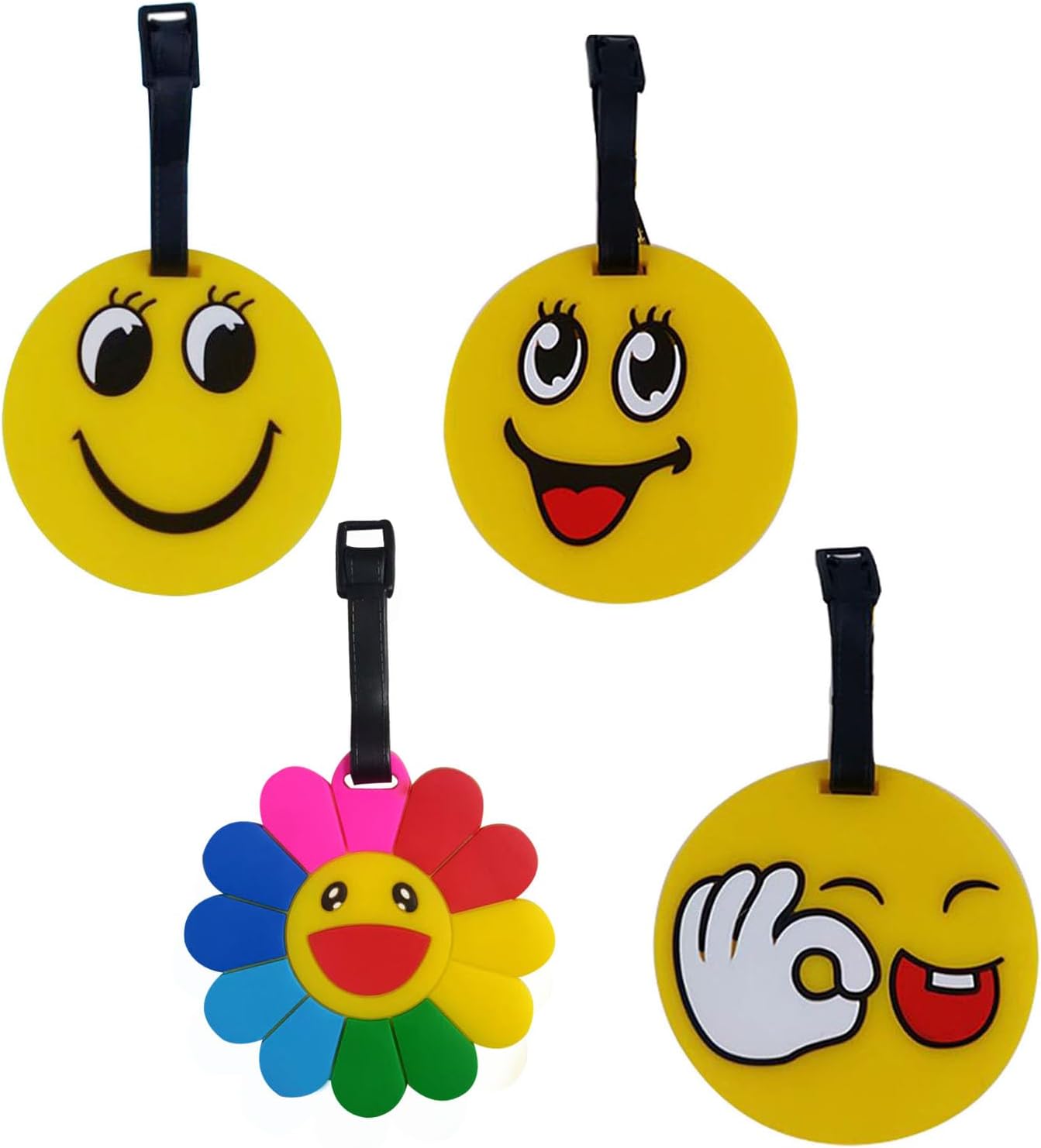 4pcs Cute Smile Face Luggage Tags for Travel, Funny Kids Backpack Tags, Serviceable PVC Suitcase Id Tags for Women, Girls, Teens, and Men - Travel Gifts (Happy Face-4pcs)