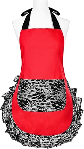 Violet Mist Delantales de cocina retro encantadores para mujer y niña, delantal de encaje rojo y negro, delantal de encaje para mujer, delantal de