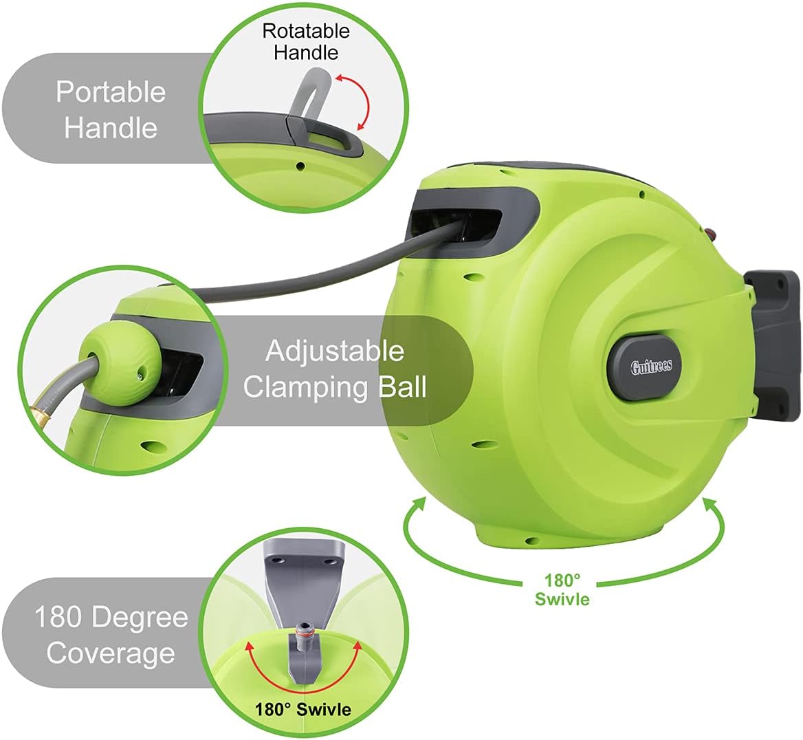 Guitrees Retractable Garden Hose Reel 1/2” 100FT+6FT, Slow Return System, Any Length Lock, Wall Mounted, 9 Function Nozzle and 180°Swivel Bracket(Green) : Patio, Lawn & Garden