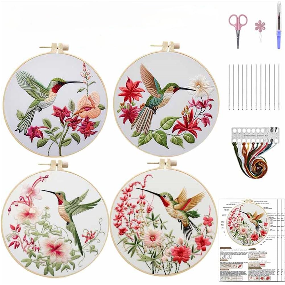 Meecaa 4P Embroidery Kit Starter Set, Hummingbird Animal Flower Hand Embroidery Set, Pattern Printed Cross Stitch Set for Beginner Adults, with Embroidery Hoop and Instructions (Hummingbird)