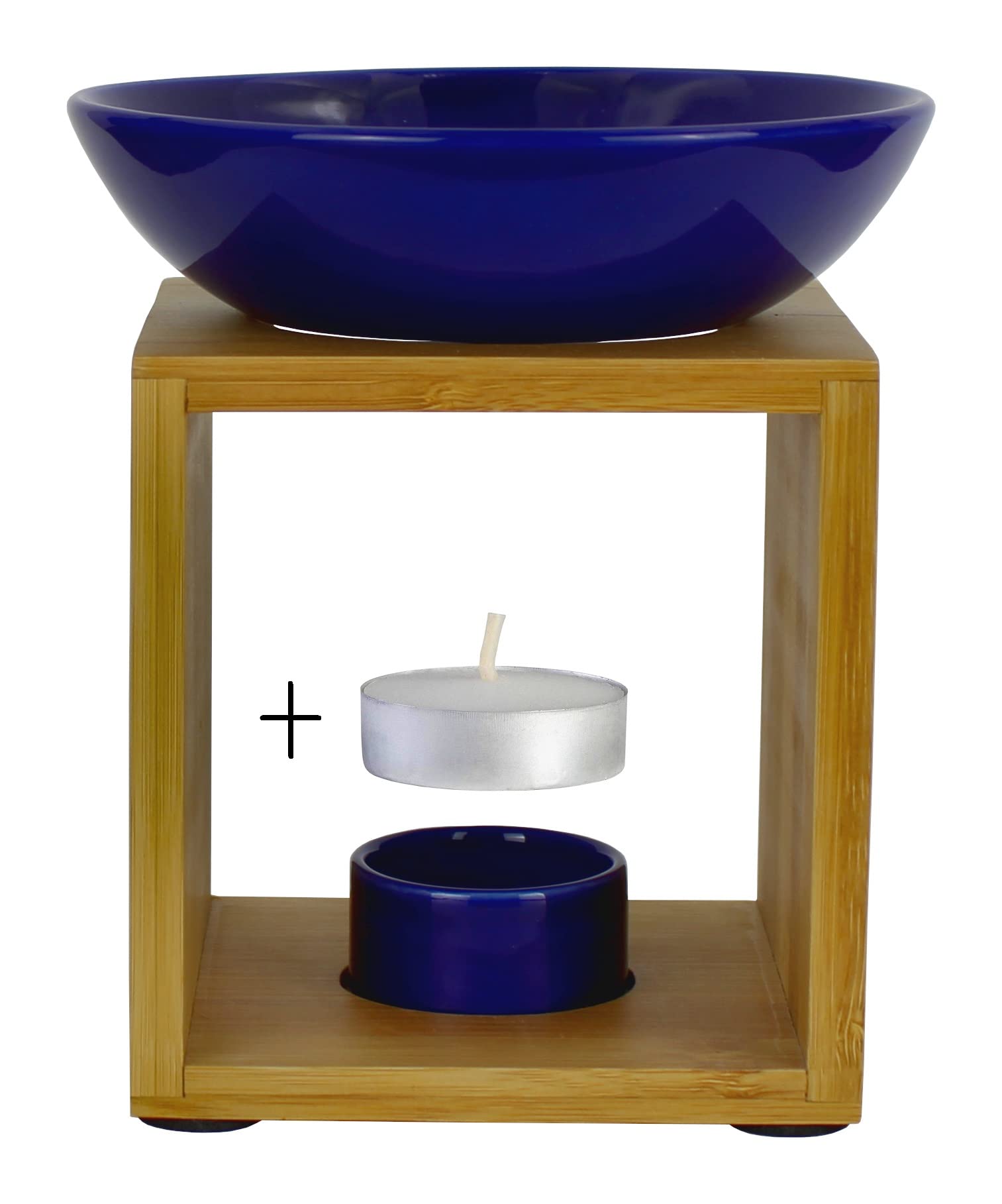 Bitto Duftlampe Malmö Blau mit Kerze, große Schale, Fair Trade, Aromalampe aus Bambusholz und Keramik