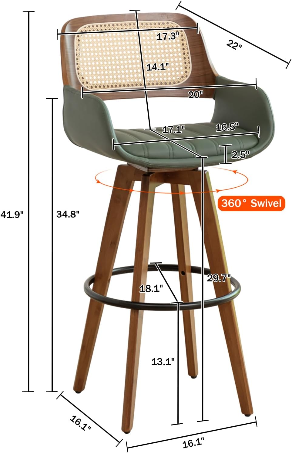AQG Rattan Swivel Bar Stools Set of 4, Bar Height Bar Stools with Cane Back, Upholstered Seat, Faux Leather Bar Chairs for Island, Kitchen (Green, 29.7"-4 PCS)