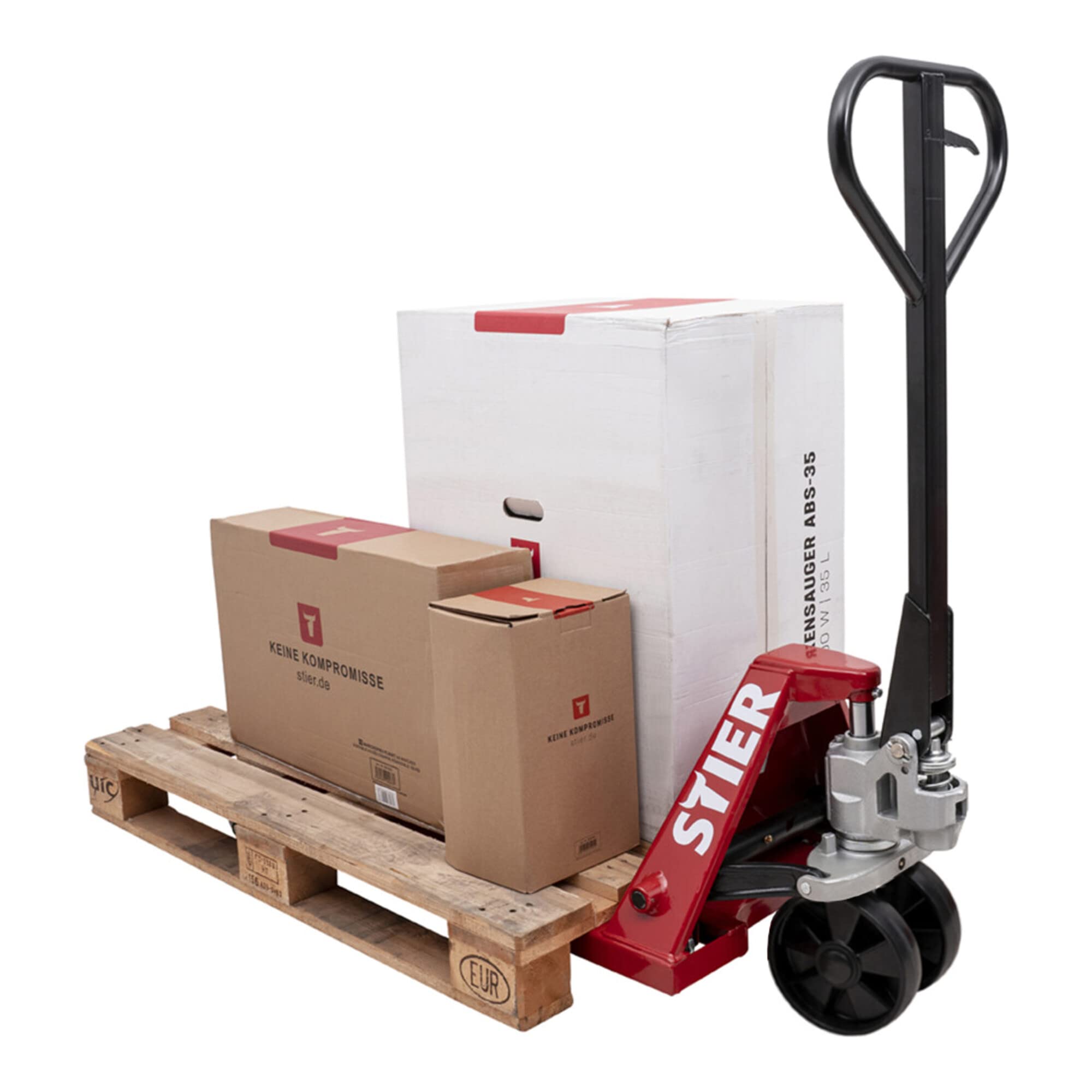 STIER Gabelhubwagen Tragkraft 2500kg Gabellänge 1150mm Nylon-Reifen mit Quicklift, Handhubwagen mit Industrie-Stahlrahmen, wartungsarme Handhydraulik, Lenkeinschlag von 210°
