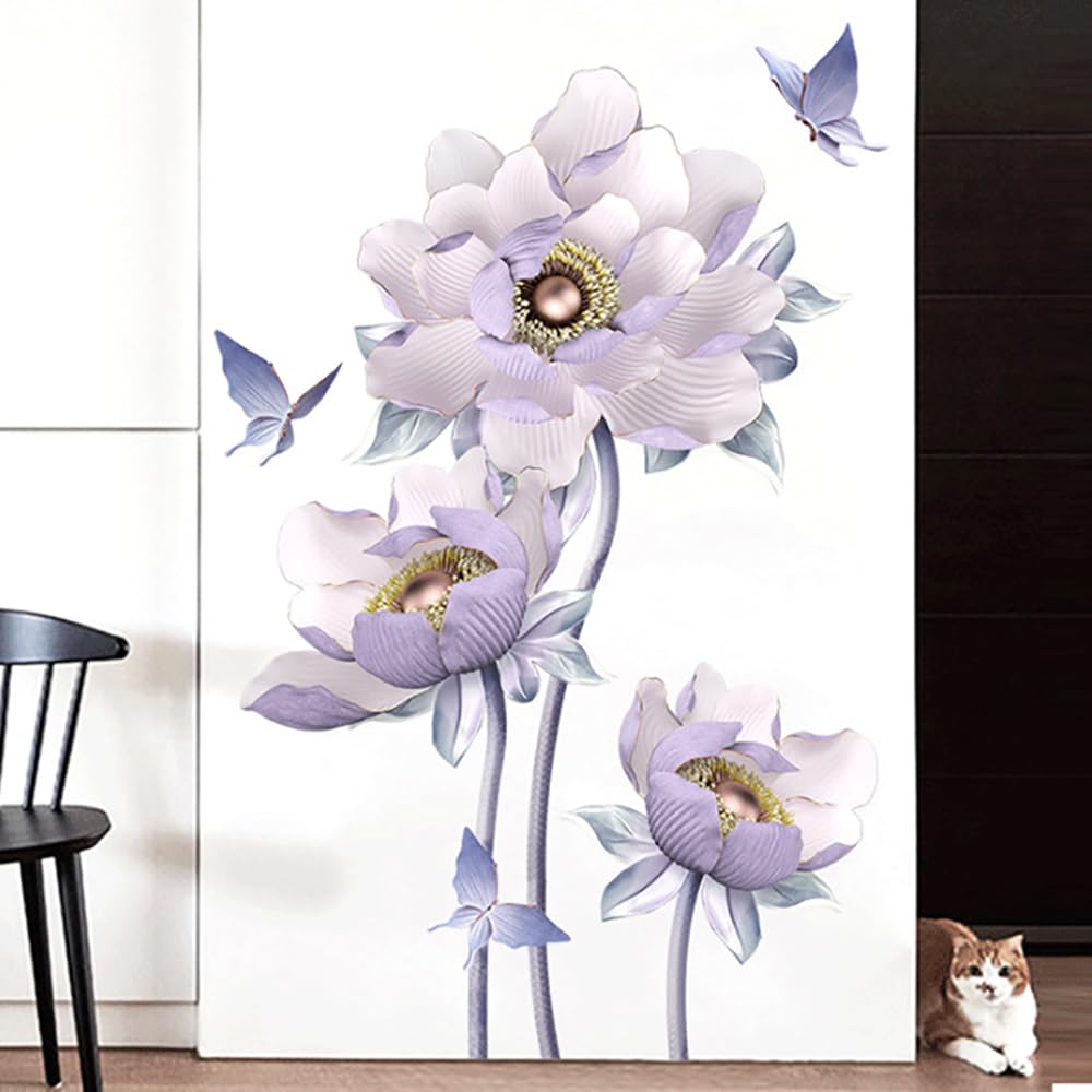 Runtoo 3D Flower Wall Art Stickers Purple Lotus Floral Wall Decals for Living Room Bedroom TV Background Wall Decor - Image 2