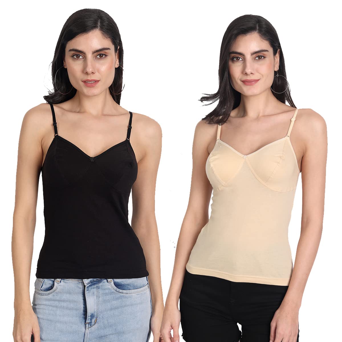 aimly Women's Regular Fit Sleeveless Cotton Bra Cum Camisole Slip Spaghetti Pack of 2-picture-2